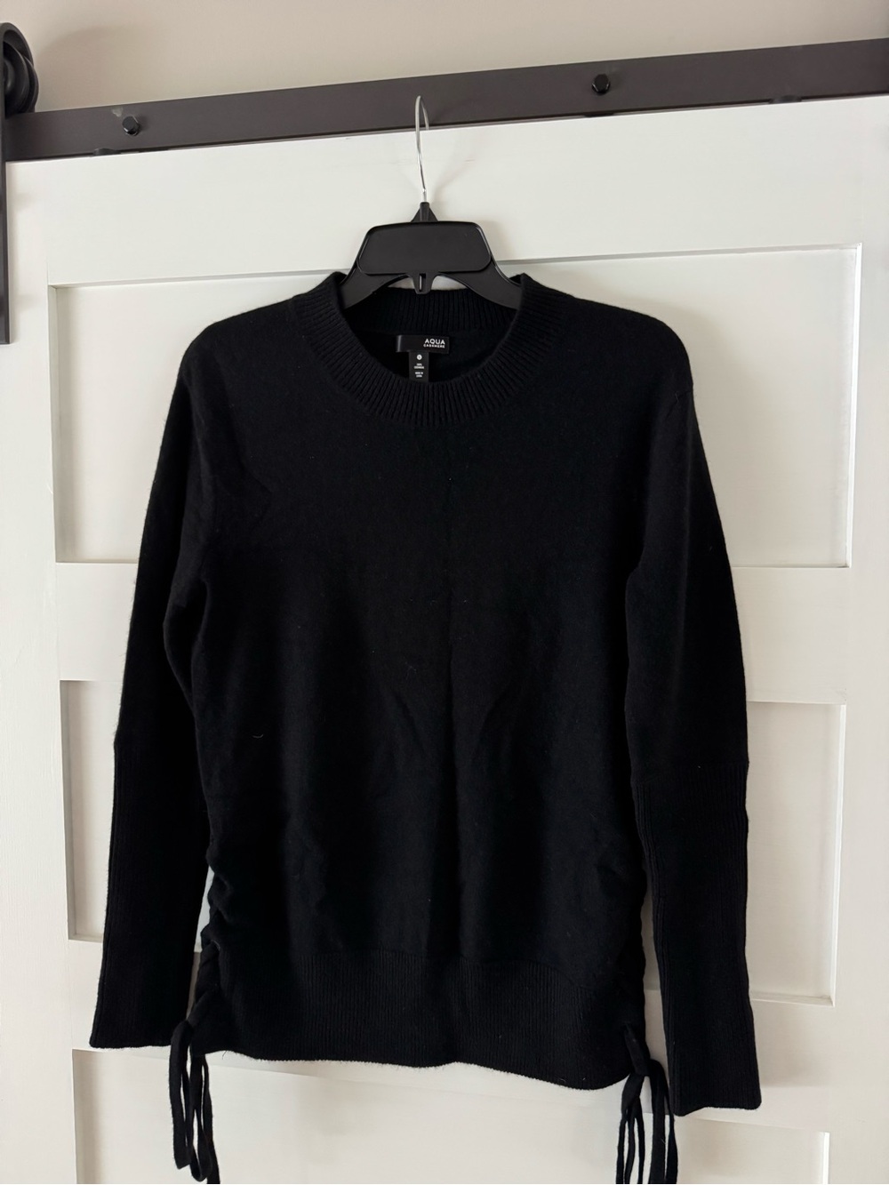 Aqua Cashmere Crew Neck Lace Sides Women Black Sweater Small 100% cashmere